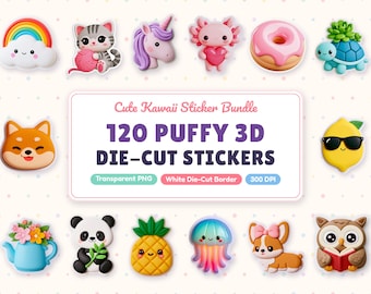 Kawaii Sticker PNG Bundle, 120 Cute 3D Puffy Die Cut Stickers, Printable Planner Stickers, Digital Stickers, Transparent Clipart