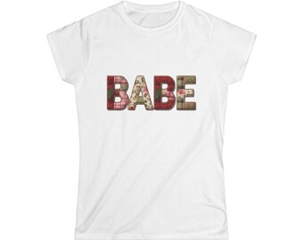 Babe Faux Plaid Patchwork Christmas Xmas Women's Softstyle Tee