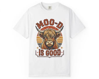 Moo-d Is Good Highland Cow Shirt, Retro Sunset Cow Tee, Comfort Colors Farm Lover Gift