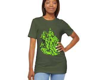 Neon Green Skeleton Hikers Graphic Tee, Outdoor Adventure Gift, Bella Canvas 3001