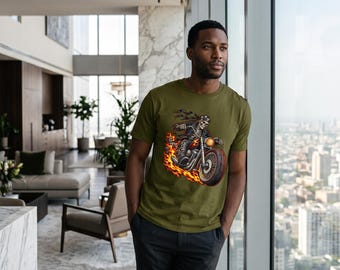 Skeleton Biker Flames Ride Motorcycle Graphic Unisex Acid Wash Burnout T-Shirt
