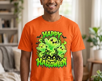 Happy Halloween Ghost Graphic Tee, Spooky Season Party Top (Retail Fit)