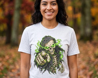 Grim Reaper Skull Shirt, Green Flame Gothic Tee, Halloween Gift (Triblend)