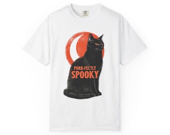 Purr-fectly Spooky Black Cat Shirt, Halloween Moon Cat Tee, Comfort Colors Spooky Season Gift