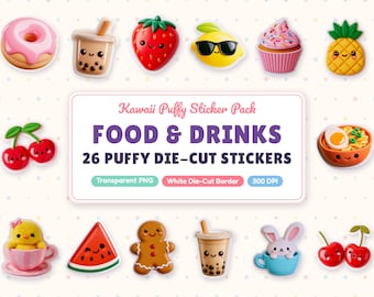 Kawaii Food Sticker PNG, 26 Cute Food & Drink Stickers, 3D Puffy Die Cut Stickers, Printable Planner Stickers, Digital Clipart