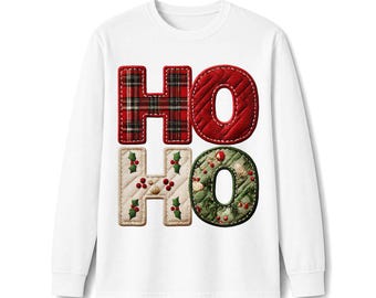 Ho Ho Faux Patchwork Christmas Xmas Long Sleeve Core Cotton Tee