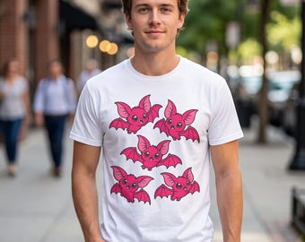 Oversized Pink Bat Graphic Tee, Heavyweight Boxy Halloween Shirt, Pastel Goth Kawaii Style