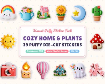 Cozy Plant Sticker PNG, 39 Kawaii Home & Sky Stickers, 3D Puffy Die Cut Stickers, Printable Planner Stickers, Digital Clipart
