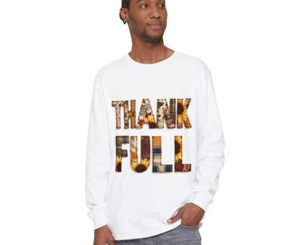 Thank Full Fall Seasonal Plaid Patchwork Thanksgiving Unisex Garment-dyed Long Sleeve T-Shirt