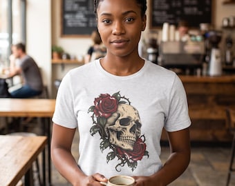 Gothic Skull Roses Graphic Tee, Soft Triblend Top, Vintage Tattoo Art Style