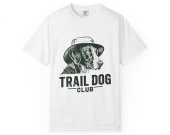 Trail Dog Club Shirt, Hiking Dog in Hat Tee, Comfort Colors Outdoor Dog Lover Gift