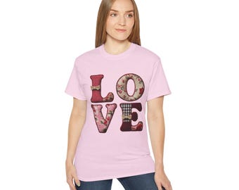 LOVE Pink Faux Patchwork Plaid Valentines Day Unisex Ultra Cotton Tee
