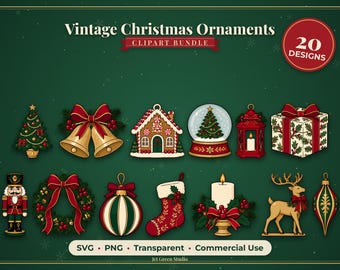 Vintage-Weihnachtsornamente-Clipart-Bundle, 20 weihnachtliche SVG- und PNG-Dateien, Nussknacker, Lebkuchenhaus, Schneekugel, Glocken, zum Ausdrucken und Ausschneiden