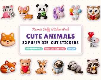 Cute Animal Sticker PNG Bundle, 32 Kawaii 3D Puffy Die Cut Stickers, Printable Planner Stickers, Digital Animal Clipart