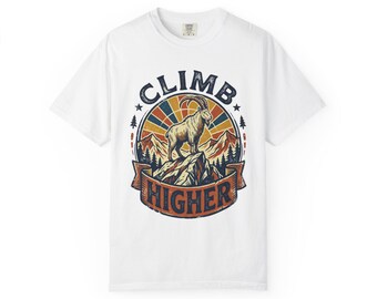 Climb Higher Mountain Goat Shirt, Retro Hiking Tee, Comfort Colors Climber and Outdoor Lover Gift