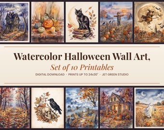 Watercolor Halloween Wall Art Set of 10, Printable Fall Decor, Haunted House, Black Cat, Witch, Ghost Prints, Vintage Autumn Gallery Wall