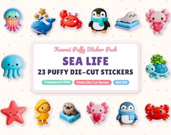 Sea Life Sticker PNG, 23 Kawaii Ocean Animal Stickers, 3D Puffy Die Cut Stickers, Printable Planner Stickers, Digital Clipart