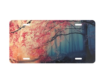 Autumn Forest Vanity Plate | Misty Trees & Pink Leaves | Scenic Nature License Plate Decor