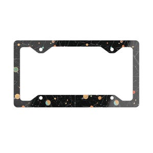 May include: A rectangular number plate frame featuring a black background with a space-themed pattern of various coloured planets, stars, and thin white connecting lines forming constellations across the entire surface of the frame.
