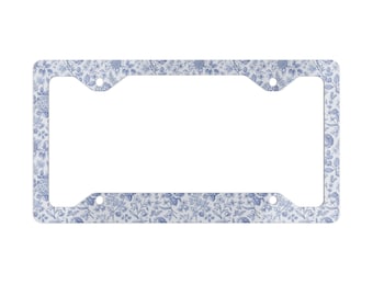 Blue Floral Pattern Metal License Plate Frame | Decorative Car Trim