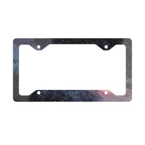 May include: A rectangular number plate frame featuring a dark space-themed design with a deep blue and purple nebula pattern, scattered white stars, and four circular mounting holes positioned at the corners of the frame's top and bottom edges.
