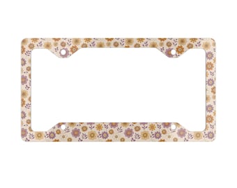 Mustard Yellow Retro Floral License Plate Frame, Vintage 70s Boho Car Accessory, Cottagecore Wildflower Car Decor