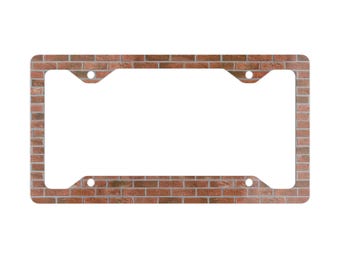 Cornice portatarga in mattoni rossi, decorazione per auto in stile industriale urbano, accessorio in stile grunge loft.