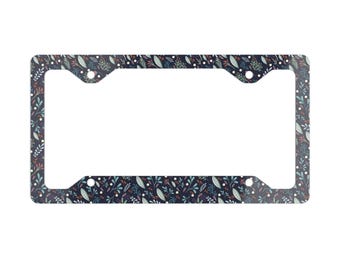 Dark Floral Pattern Metal License Plate Frame | Leaf Vine Design