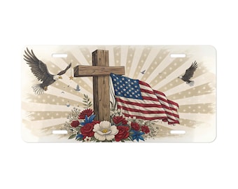 Custom Vanity Plate | American Flag and Cross Design | Patriotic Car Accessory