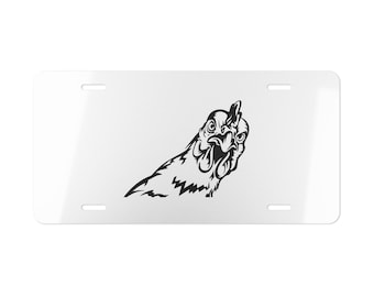Funny Chicken Rooster Vanity Plate: Glossy White Aluminum Car Tag