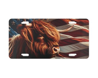 Patriotic Highland Cow License Plate: Rustic Farm Animal Decor