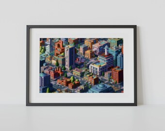 City Pixel Art Unique Printable Wall Art, Retro Video Game Decor Print, Poster, 8-bit Graphic, Designer Artwork, Minimalist Home Decor