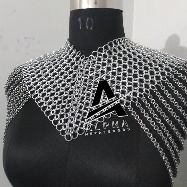 Chainmail collar with small shoulder chain layers metal aluminium chainmail jump rings neck piece cosplay costume festival renaissance faire