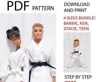 May include: A PDF pattern image featuring dolls dressed in karate uniforms. The image includes the text "PDF PATTERN", "DOWNLOAD AND PRINT", "4 SIZES BUNDLE! BARBIE, KEN, STACIE, TEEN", "STEP BY STEP FREE TUTORIAL".