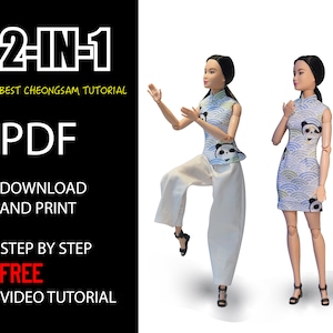 Modello di carta cheongsam/Qipao fai da te, misura 1/6 per bambola, vestito/top e pantaloni, set di due set