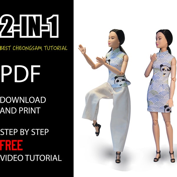 Cheongsam/Qipao DIY paper pattern, barbie doll size, dress/top and pants, two sets bundle