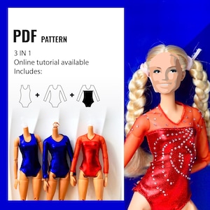 Modello di cucito per abito da ginnastica per bambola: 3 stili per bambola fashion da 11,5" (download digitale)