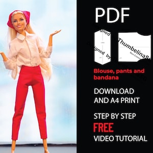 Puede incluir: Patrón PDF para un atuendo de muñeca, que incluye una blusa blanca, pantalones rojos y un pañuelo. El patrón está diseñado por Thumbelina's e incluye un tutorial en video gratuito.