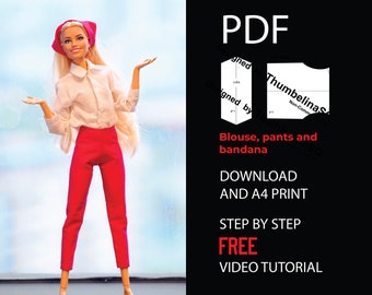 Doll Outfit Sewing Pattern: Pink Pants, Blouse, Bandana (Digital Download)