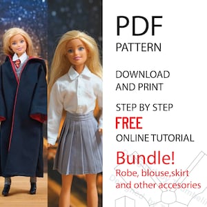 May include: A digital download of a PDF pattern for making doll clothes. The pattern includes instructions for a robe, blouse, skirt, and other accessories. The image shows two dolls wearing the finished garments. The text on the image reads "PDF Pattern Download and Print Step by Step Free Online Tutorial Bundle! Robe, blouse, skirt and other accessories"