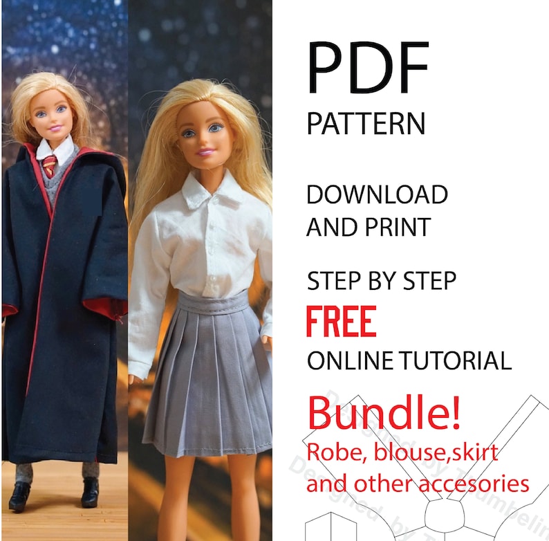 May include: A digital download of a PDF pattern for making doll clothes. The pattern includes instructions for a robe, blouse, skirt, and other accessories. The image shows two dolls wearing the finished garments. The text on the image reads "PDF Pattern Download and Print Step by Step Free Online Tutorial Bundle! Robe, blouse, skirt and other accessories"