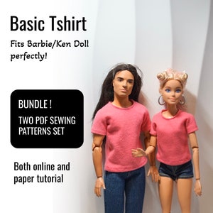 May include: A bundle of two PDF sewing patterns for a basic t-shirt that fits Barbie and Ken dolls. The image shows a pink t-shirt on a Barbie doll and a Ken doll. The text on the image reads "Basic Tshirt Fits Barbie/Ken Doll perfectly! BUNDLE! TWO PDF SEWING PATTERNS SET Both online and paper tutorial"