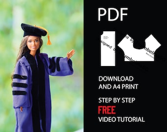 May include: A PDF download for a doll graduation gown pattern. The pattern is designed by ThumbelinaSG. The image shows a doll wearing a purple graduation gown with black trim and a black graduation cap.