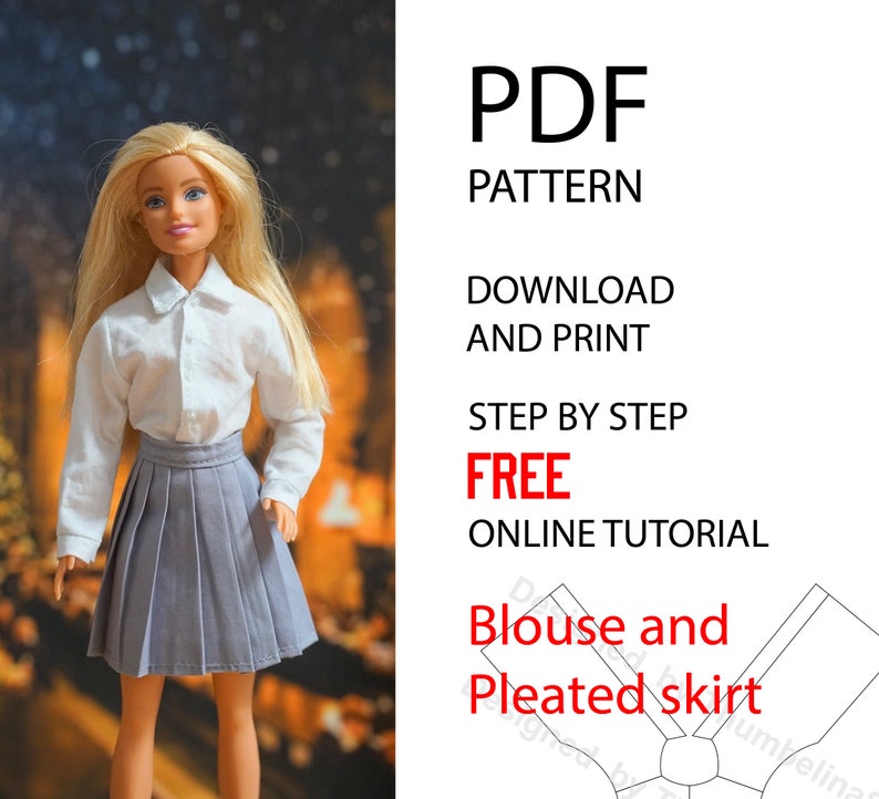 May include: A PDF pattern for a blouse and pleated skirt for a doll. The pattern includes a free online tutorial. The image shows a doll wearing the finished garments.