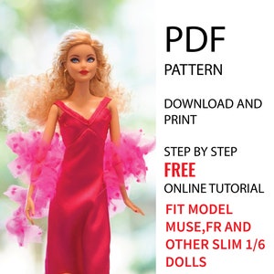 May include: A PDF pattern for a red dress with a pink feather boa. The pattern is for a doll, and the text says "PDF Pattern, Download and Print, Step by Step Free Online Tutorial, Fit Model Muse, FR and Other Slim 1/6 Dolls".