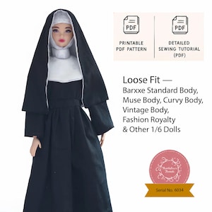 Puede incluir: Una muñeca vestida con un hábito blanco y negro con velo, toca y túnica larga. El texto incluye: Printable PDF Pattern, Detailed Sewing Tutorial, Loose Fit, Barxxe Standard Body, Muse Body, Curvy Body, Vintage Body, Fashion Royalty & Other 1/6 Dolls.