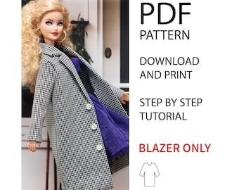 May include: PDF pattern download and print for a blazer for a doll. The pattern includes a step-by-step tutorial. The image shows a doll wearing a black and white houndstooth blazer and a purple dress.