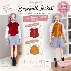 May include: A digital sewing pattern for a doll baseball jacket, featuring two sleeve styles: set-in and raglan. The image displays two dolls wearing these jackets, one in red and white, the other in mustard yellow and white, with grey skirts.