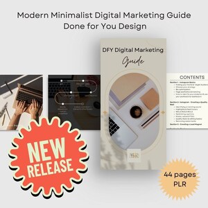 Może przedstawiać: Przewodnik po marketingu cyfrowym w nowoczesnym, minimalistycznym stylu. Przewodnik nosi tytuł "DFY Digital Marketing Guide" i zawiera laptop, filiżankę kawy oraz gwiazdę z napisem "NEW RELEASE". Przewodnik zawiera 44 strony i jest produktem PLR.