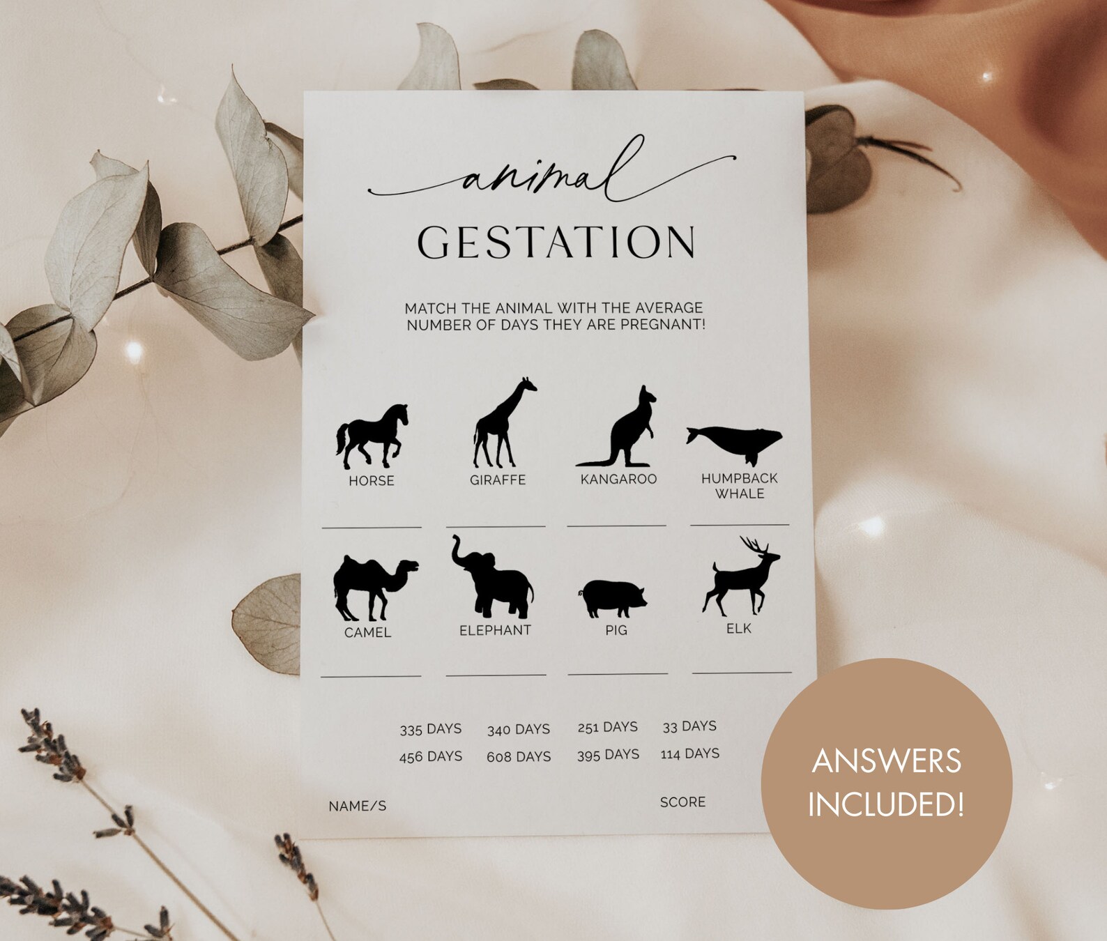 Animal Gestation Game Printable, Animal Pregnancy Game, Baby Shower ...